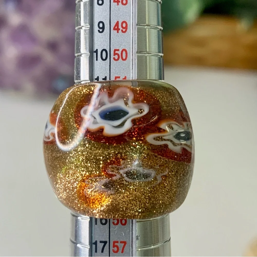 Vintage Murano Style Solid Glass Hand Blown Red Gold Millefiori Dome Ring Size 7